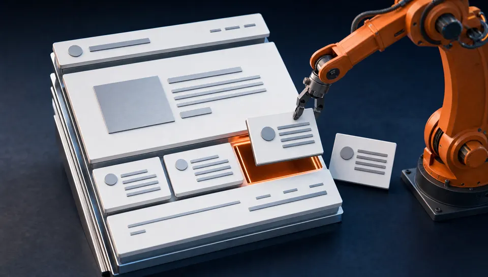 Illustrative website built as layered panels while a robotic arm swaps one content tile into place