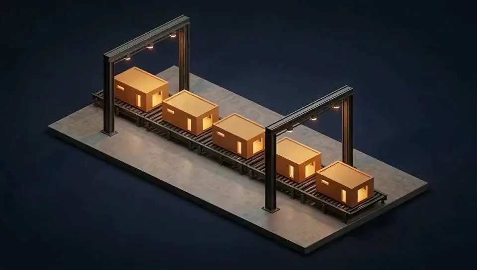 Illustrative construction modules moving through a production line
