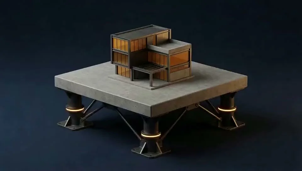 Illustrative building platform settling onto braced steel supports
