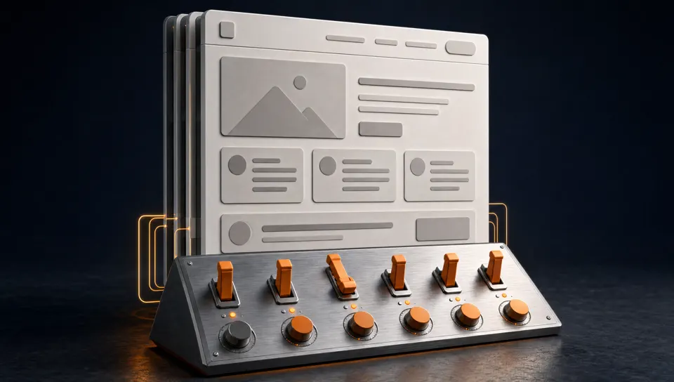 Illustrative website panel connected to a control desk with levers and dials