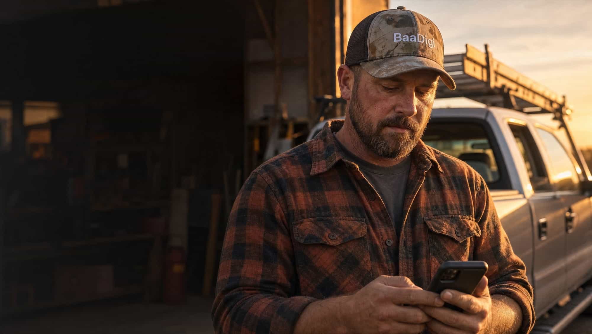 Contractor in a BaaDigi camo hat checking new leads on his phone at a job site