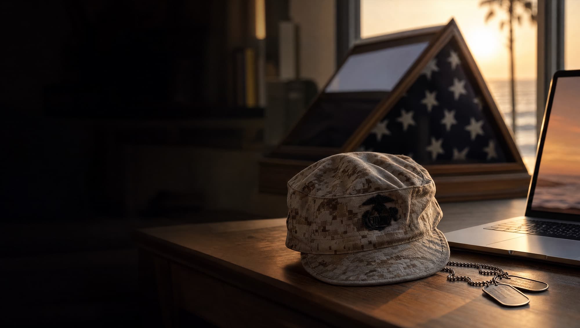 Marine veteran's home office at sunrise — worn camouflage utility cap and dog tags beside a laptop, folded American flag behind