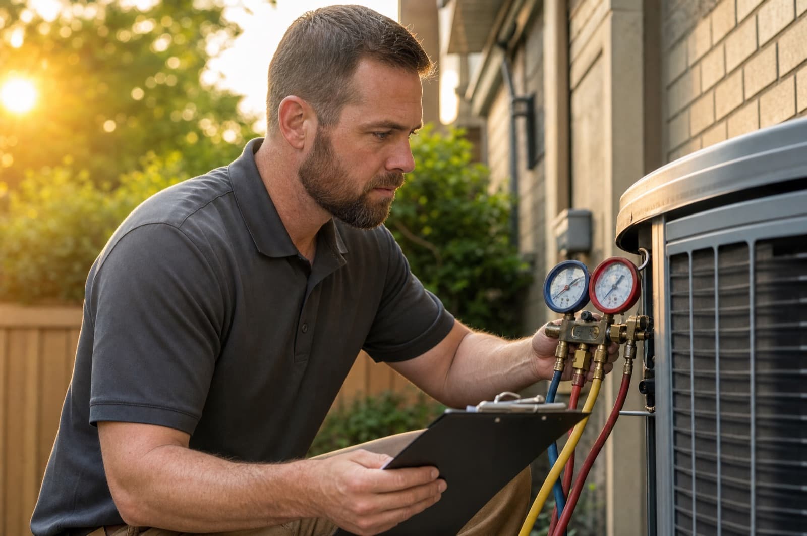 HVAC technician checking gauges on an AC condenser
