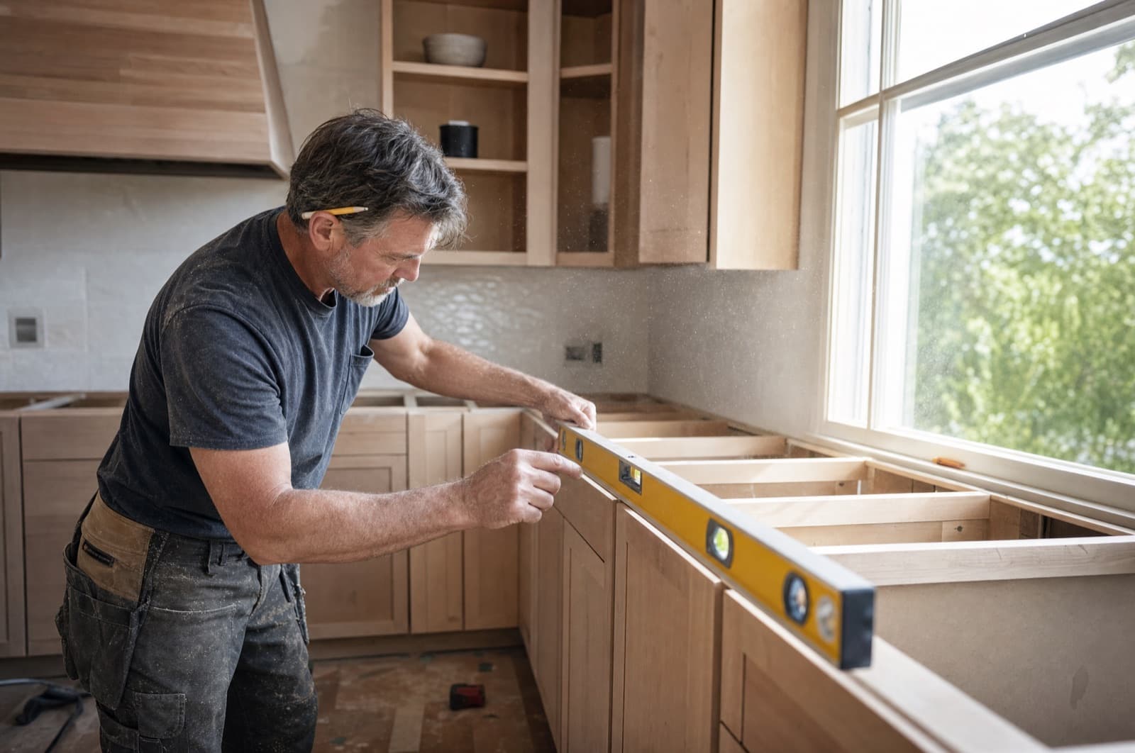Remodeler leveling newly installed kitchen cabinets